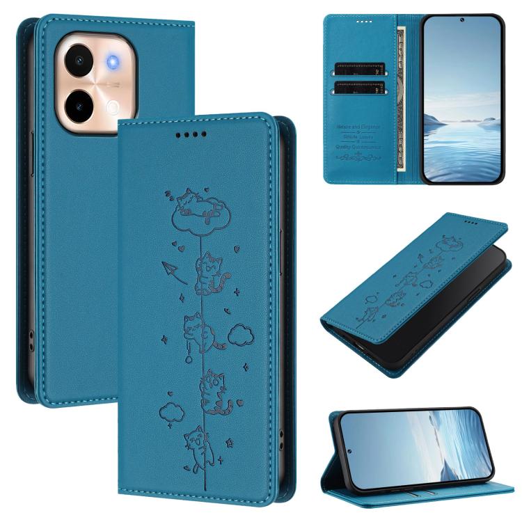 Cute Cats Embossed Magnetic RFID Vegan Leather Phone Case, For vivo S19, For vivo Y28 4G