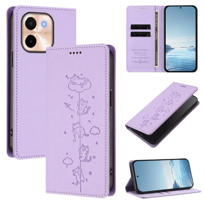 Cute Cats Embossed Magnetic RFID Vegan Leather Phone Case, For vivo S19, For vivo Y28 4G