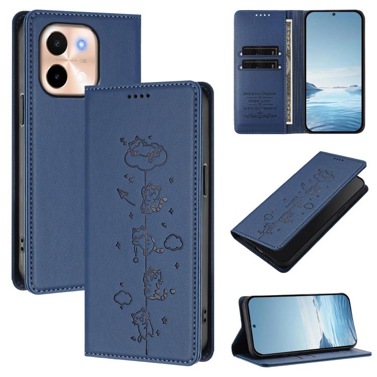 Cute Cats Embossed Magnetic RFID Vegan Leather Phone Case, For vivo S19, For vivo Y28 4G
