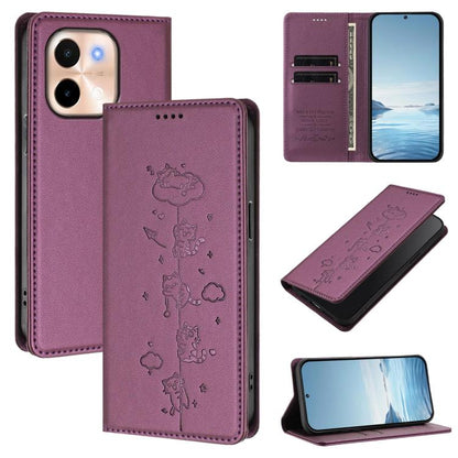 Cute Cats Embossed Magnetic RFID Vegan Leather Phone Case, For vivo S19, For vivo Y28 4G
