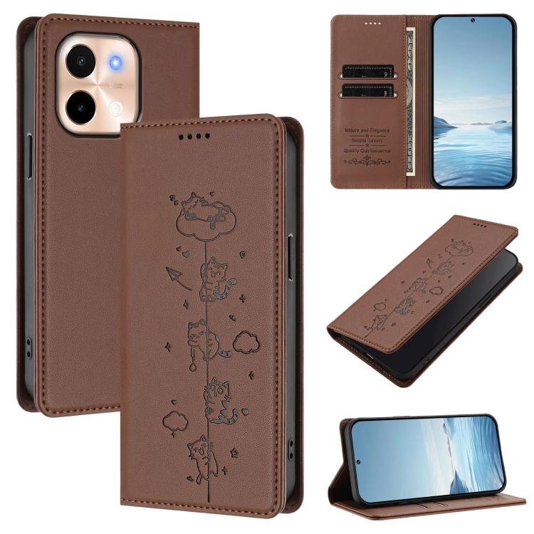 Cute Cats Embossed Magnetic RFID Vegan Leather Phone Case, For vivo S19, For vivo Y28 4G