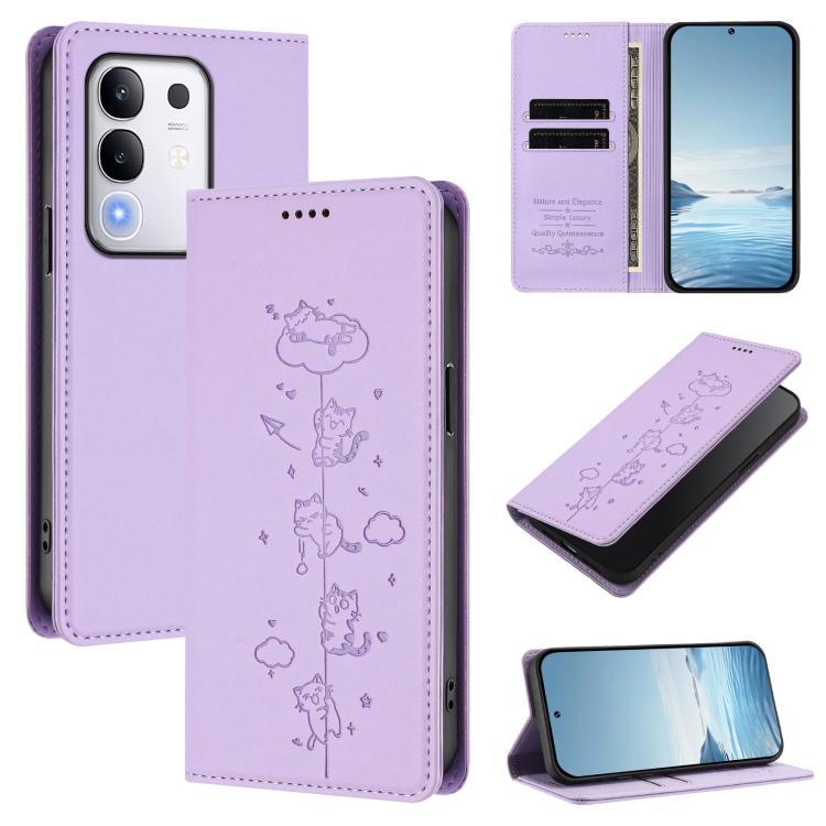 Cute Cats Embossed Magnetic RFID Vegan Leather Phone Case, For vivo Y39 5G, For vivo Y29 4G / T4x 5G