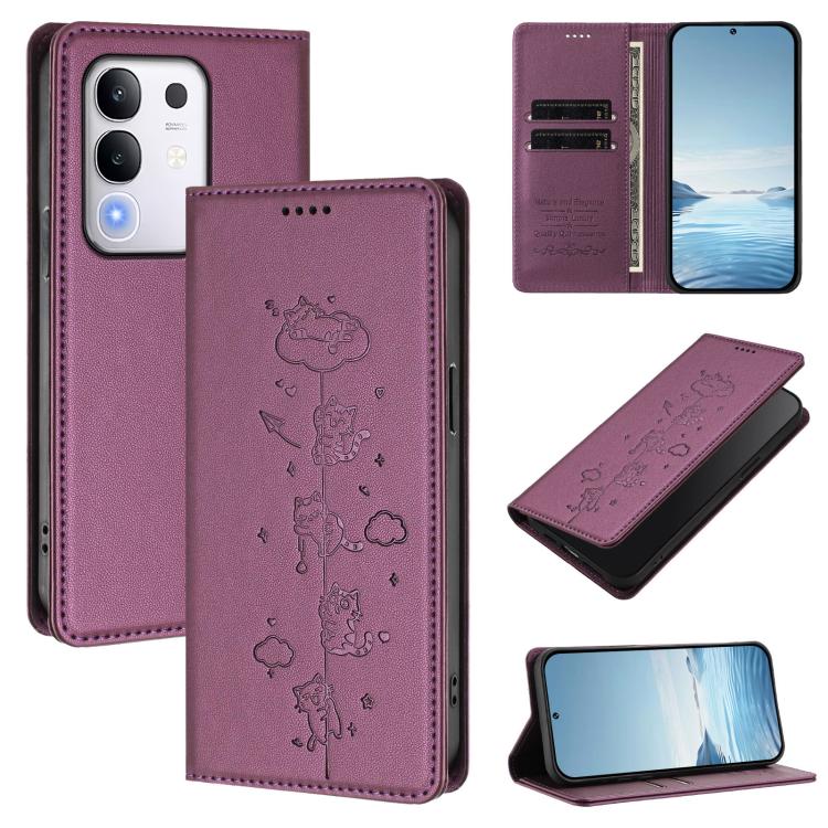 Cute Cats Embossed Magnetic RFID Vegan Leather Phone Case, For vivo Y39 5G, For vivo Y29 4G / T4x 5G