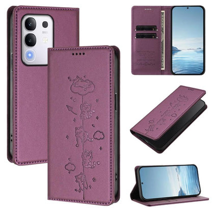 Cute Cats Embossed Magnetic RFID Vegan Leather Phone Case, For vivo Y39 5G, For vivo Y29 4G / T4x 5G