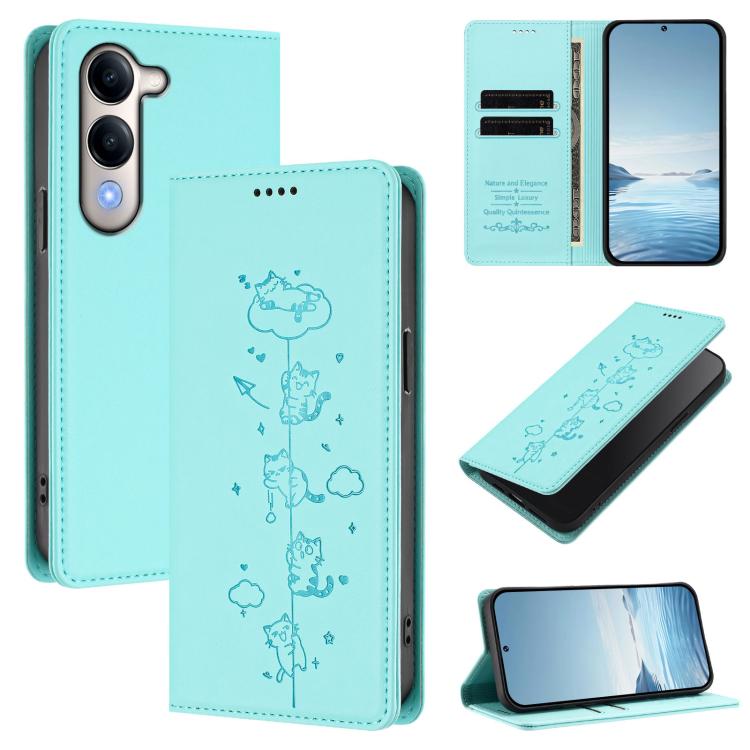Cute Cats Embossed Magnetic RFID Vegan Leather Phone Case, For vivo X200 FE, For vivo Y29s 5G / Y19 5G India