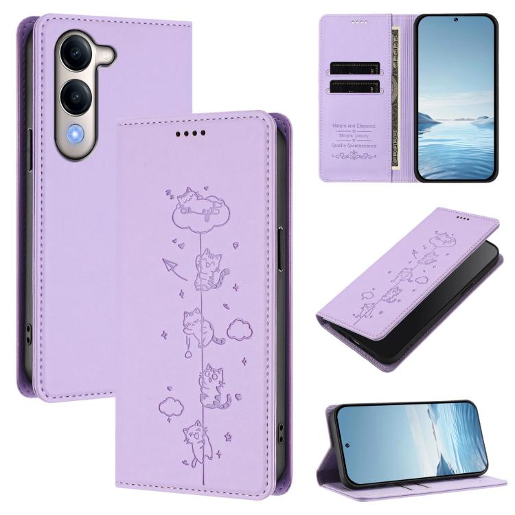 Cute Cats Embossed Magnetic RFID Vegan Leather Phone Case, For vivo X200 FE, For vivo Y29s 5G / Y19 5G India