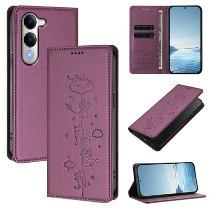 Cute Cats Embossed Magnetic RFID Vegan Leather Phone Case, For vivo X200 FE, For vivo Y29s 5G / Y19 5G India
