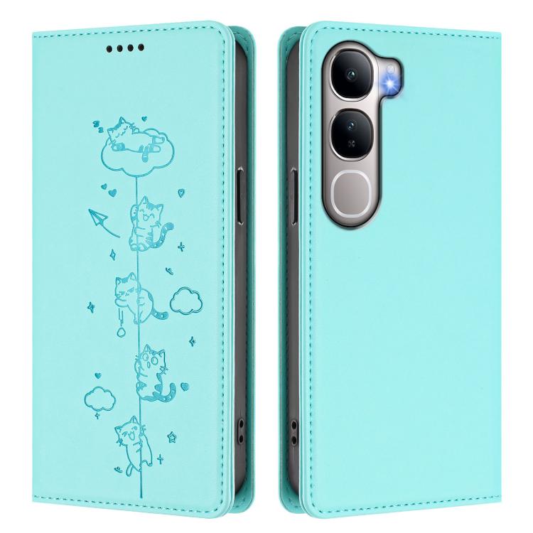Cute Cats Embossed Magnetic RFID Vegan Leather Phone Case, For vivo Y31 5G, For vivo V60 Lite 5G