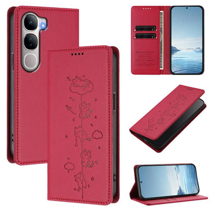 Cute Cats Embossed Magnetic RFID Vegan Leather Phone Case, For vivo Y31 5G, For vivo V60 Lite 5G