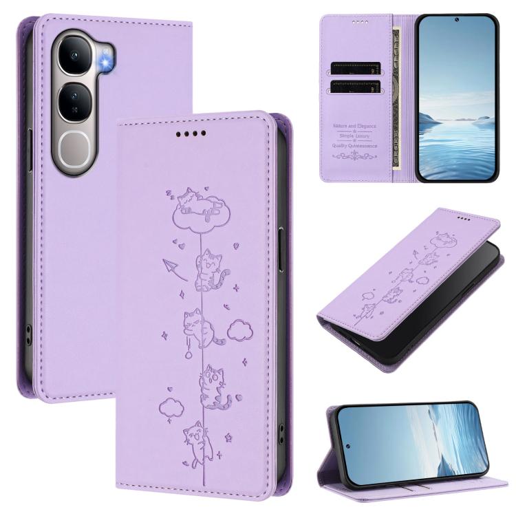 Cute Cats Embossed Magnetic RFID Vegan Leather Phone Case, For vivo Y31 5G, For vivo V60 Lite 5G