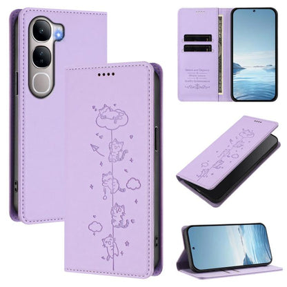 Cute Cats Embossed Magnetic RFID Vegan Leather Phone Case, For vivo Y31 5G, For vivo V60 Lite 5G