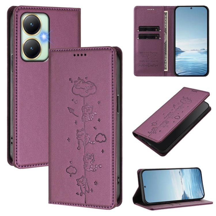 Cute Cats Embossed Magnetic RFID Vegan Leather Phone Case, For vivo Y55s 5G / Y55 5G / Y75 5G, For vivo Y27 4G 2023