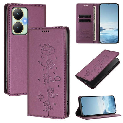 Cute Cats Embossed Magnetic RFID Vegan Leather Phone Case, For vivo Y55s 5G / Y55 5G / Y75 5G, For vivo Y27 4G 2023