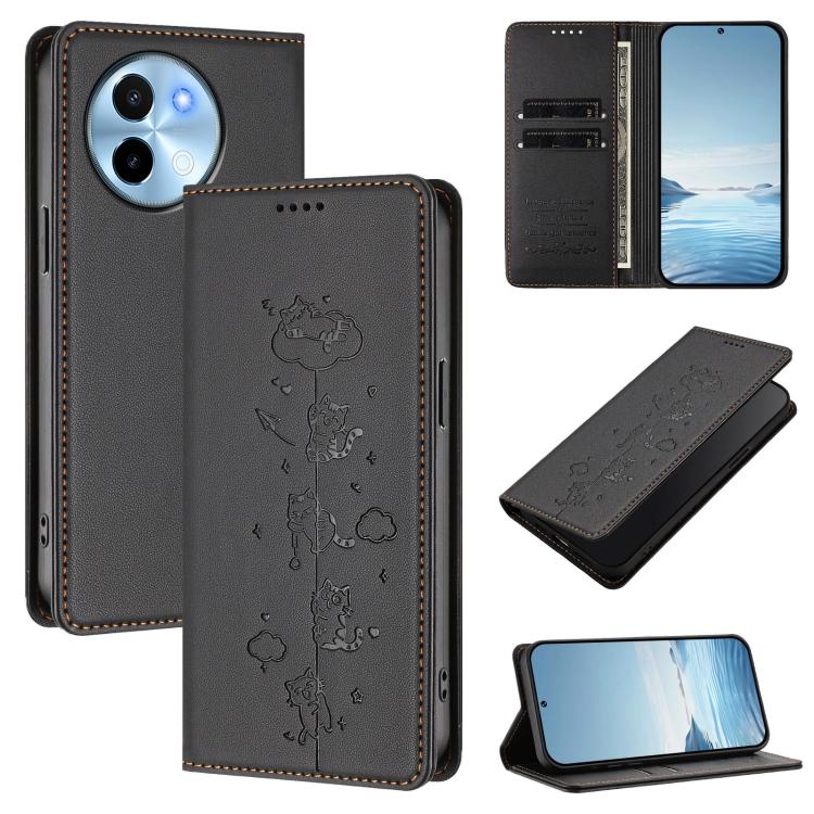 Cute Cats Embossed Magnetic RFID Vegan Leather Phone Case, For vivo X100s 5G, For vivo Y38 5G / T3x 5G