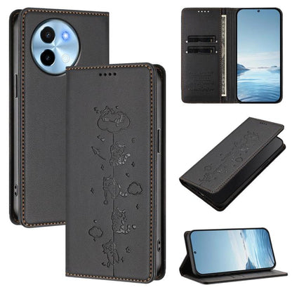 Cute Cats Embossed Magnetic RFID Vegan Leather Phone Case, For vivo X100s 5G, For vivo Y38 5G / T3x 5G