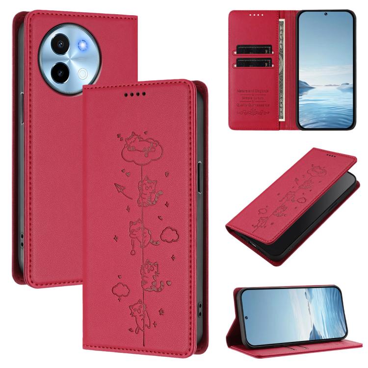 Cute Cats Embossed Magnetic RFID Vegan Leather Phone Case, For vivo X100s 5G, For vivo Y38 5G / T3x 5G