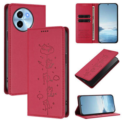 Cute Cats Embossed Magnetic RFID Vegan Leather Phone Case, For vivo X100s 5G, For vivo Y38 5G / T3x 5G
