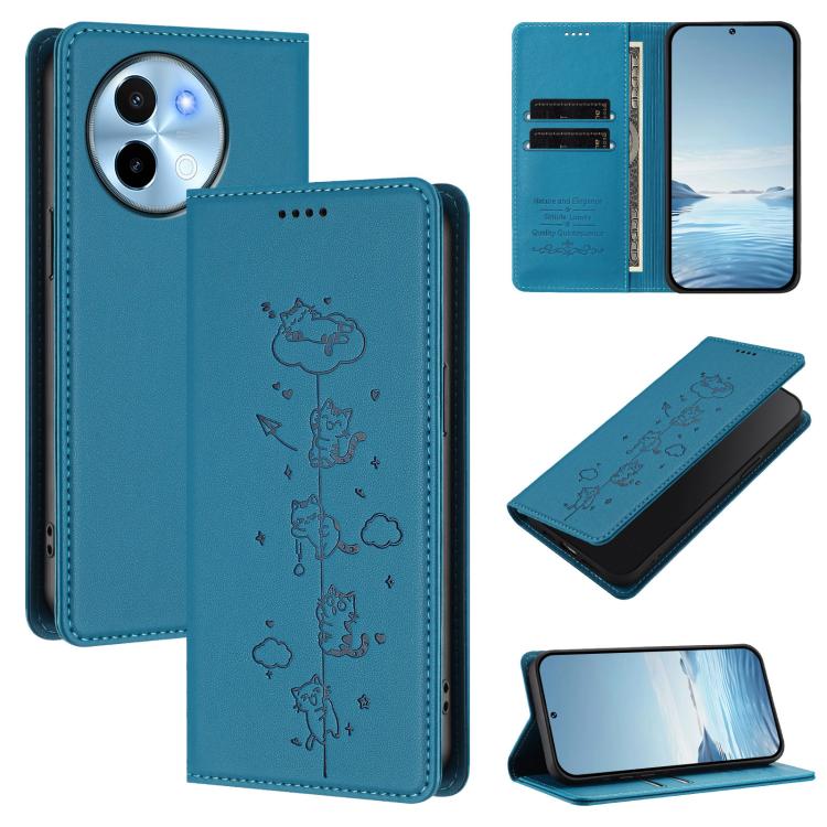 Cute Cats Embossed Magnetic RFID Vegan Leather Phone Case, For vivo X100s 5G, For vivo Y38 5G / T3x 5G