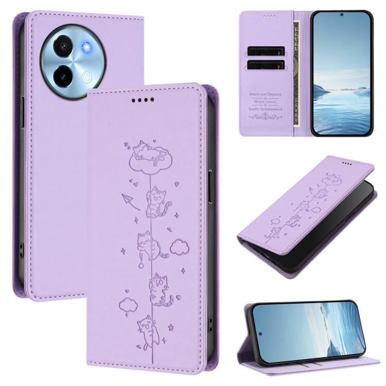 Cute Cats Embossed Magnetic RFID Vegan Leather Phone Case, For vivo X100s 5G, For vivo Y38 5G / T3x 5G