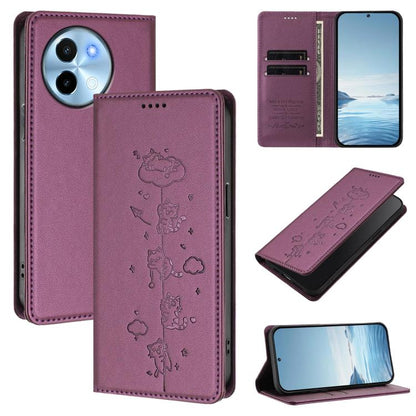 Cute Cats Embossed Magnetic RFID Vegan Leather Phone Case, For vivo X100s 5G, For vivo Y38 5G / T3x 5G
