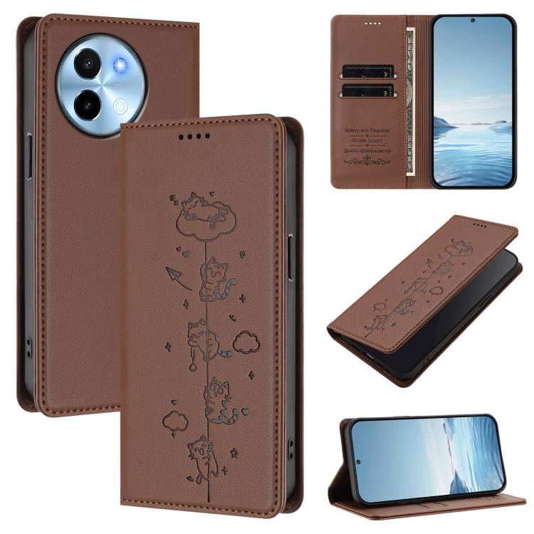 Cute Cats Embossed Magnetic RFID Vegan Leather Phone Case, For vivo X100s 5G, For vivo Y38 5G / T3x 5G