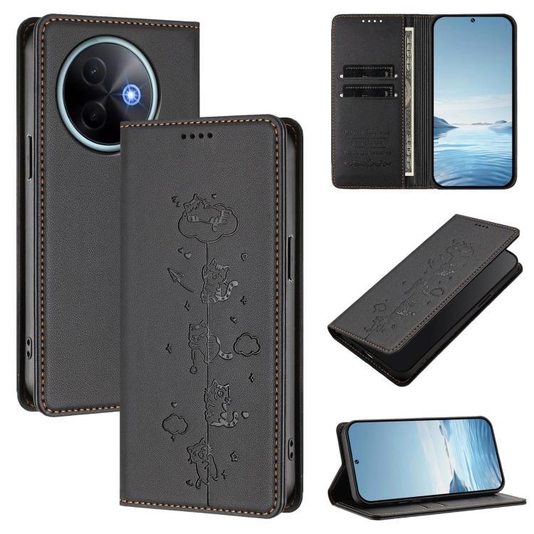 Cute Cats Embossed Magnetic RFID Vegan Leather Phone Case, For vivo Y39 5G, For vivo Y29 4G / T4x 5G