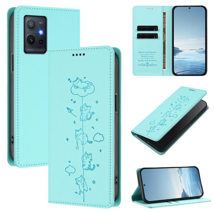 Cute Cats Embossed Magnetic RFID Vegan Leather Phone Case, For vivo Y55s 5G / Y55 5G / Y75 5G, For vivo Y27 4G 2023