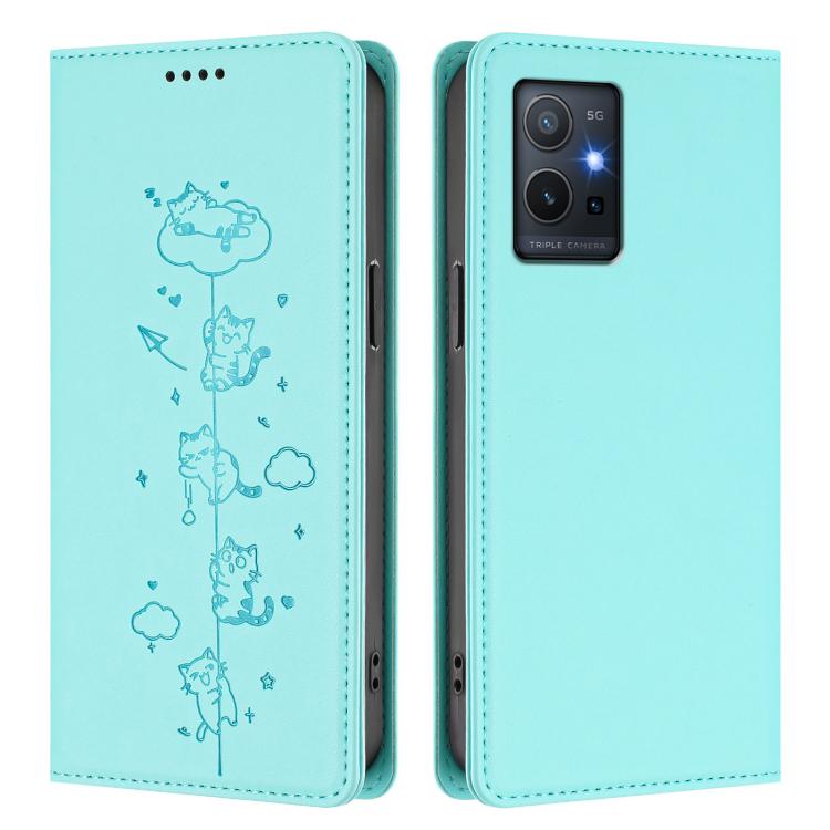 Cute Cats Embossed Magnetic RFID Vegan Leather Phone Case, For vivo Y55s 5G / Y55 5G / Y75 5G, For vivo Y27 4G 2023