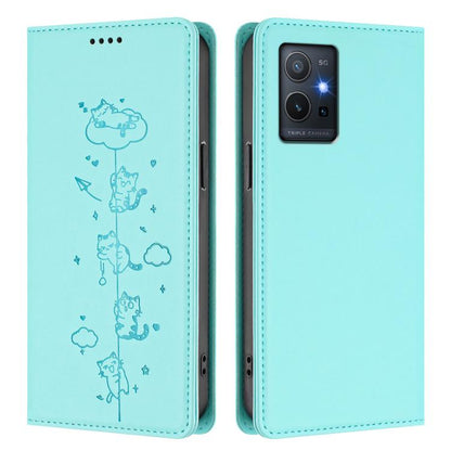 Cute Cats Embossed Magnetic RFID Vegan Leather Phone Case, For vivo Y55s 5G / Y55 5G / Y75 5G, For vivo Y27 4G 2023