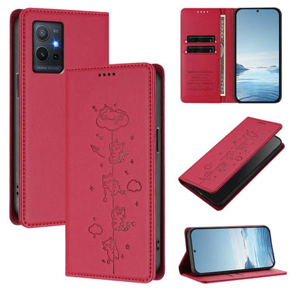 Cute Cats Embossed Magnetic RFID Vegan Leather Phone Case, For vivo Y55s 5G / Y55 5G / Y75 5G, For vivo Y27 4G 2023