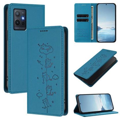 Cute Cats Embossed Magnetic RFID Vegan Leather Phone Case, For vivo Y55s 5G / Y55 5G / Y75 5G, For vivo Y27 4G 2023