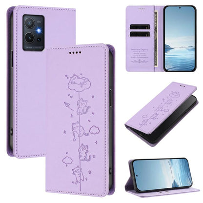 Cute Cats Embossed Magnetic RFID Vegan Leather Phone Case, For vivo Y55s 5G / Y55 5G / Y75 5G, For vivo Y27 4G 2023