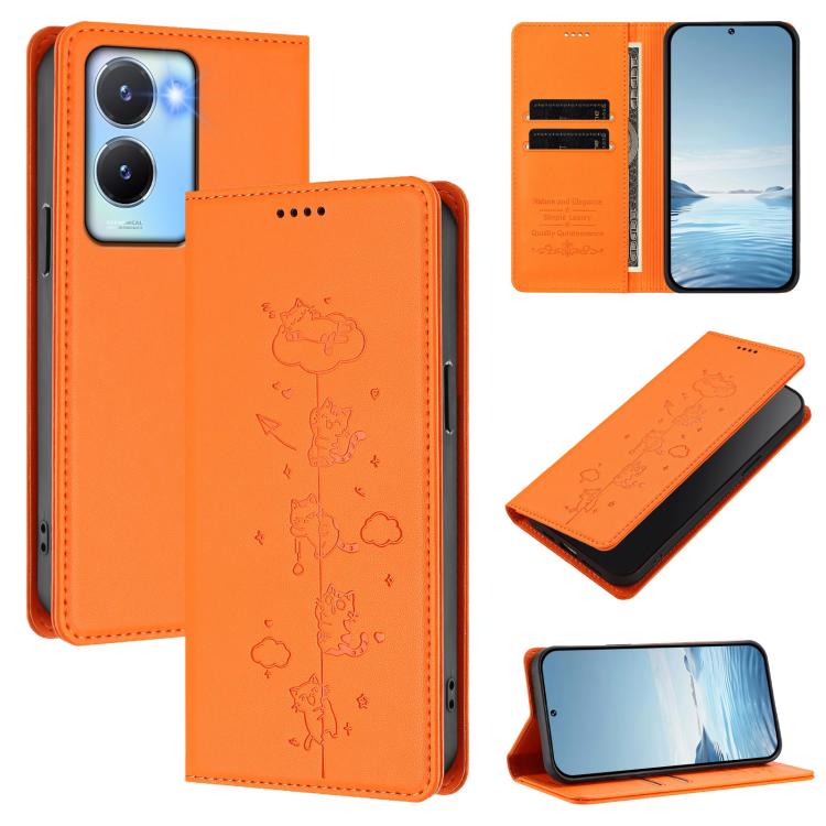Cute Cats Embossed Magnetic RFID Vegan Leather Phone Case, For vivo Y02A / Y02 4G / Y11, For vivo Y56 5G / Y16 4G / Y02s 4G