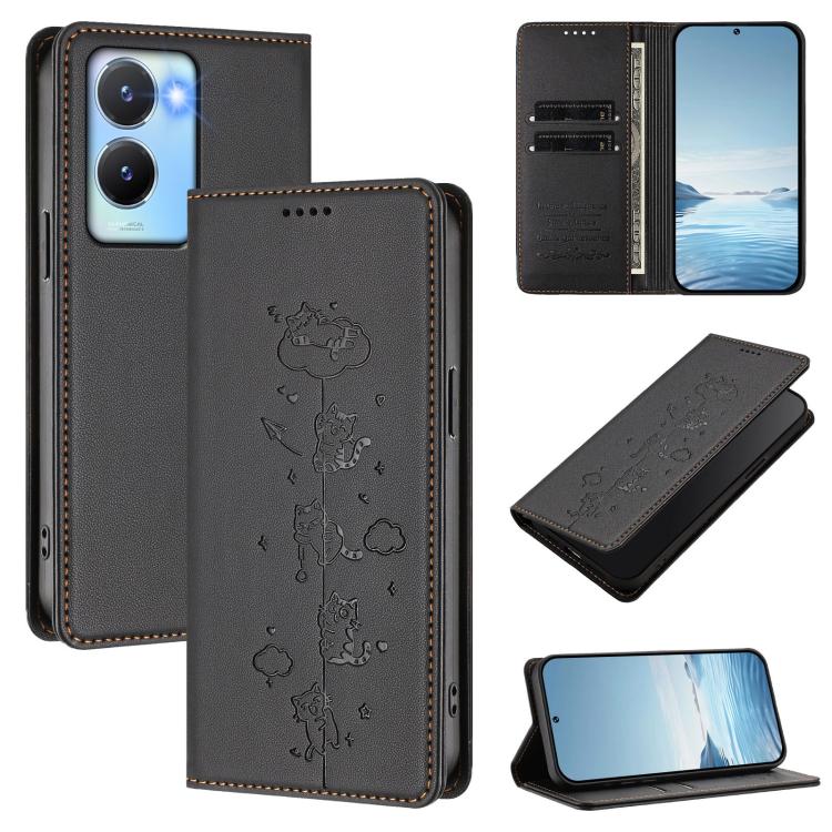 Cute Cats Embossed Magnetic RFID Vegan Leather Phone Case, For vivo Y02A / Y02 4G / Y11, For vivo Y56 5G / Y16 4G / Y02s 4G