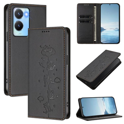 Cute Cats Embossed Magnetic RFID Vegan Leather Phone Case, For vivo Y02A / Y02 4G / Y11, For vivo Y56 5G / Y16 4G / Y02s 4G