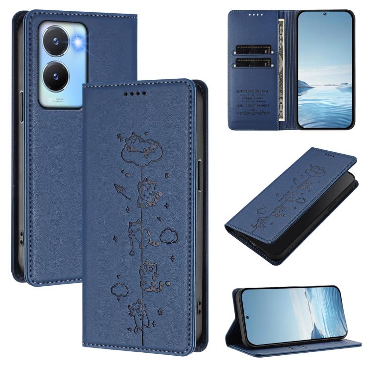 Cute Cats Embossed Magnetic RFID Vegan Leather Phone Case, For vivo Y02A / Y02 4G / Y11, For vivo Y56 5G / Y16 4G / Y02s 4G