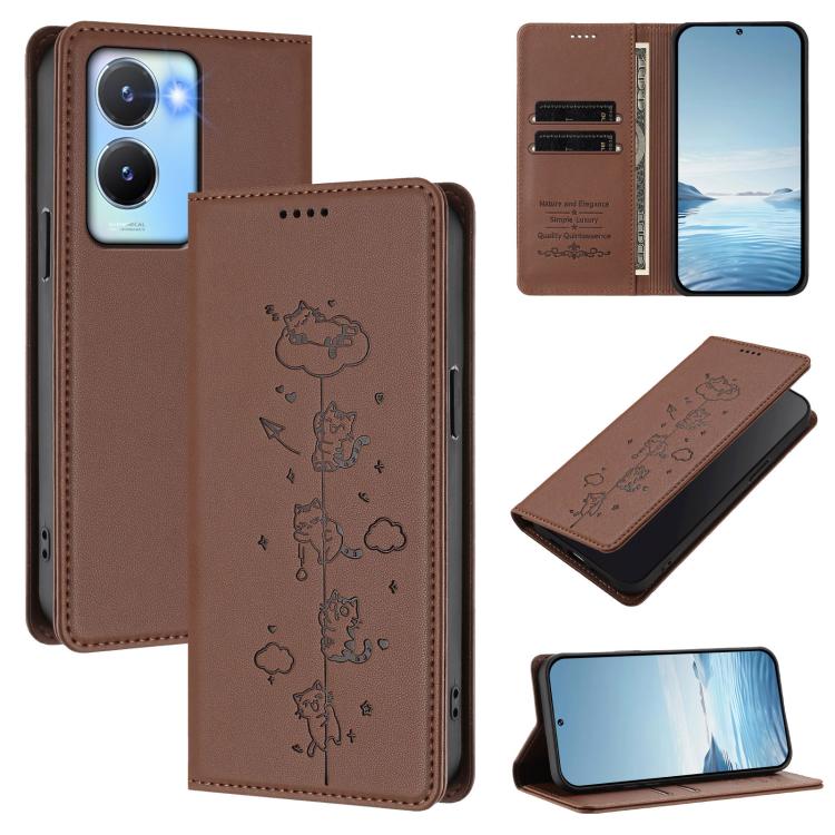 Cute Cats Embossed Magnetic RFID Vegan Leather Phone Case, For vivo Y02A / Y02 4G / Y11, For vivo Y56 5G / Y16 4G / Y02s 4G