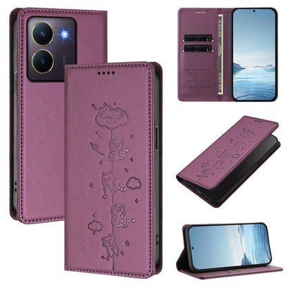 Cute Cats Embossed Magnetic RFID Vegan Leather Phone Case, For vivo X100 5G, For vivo Y36 4G / Y27s 4G