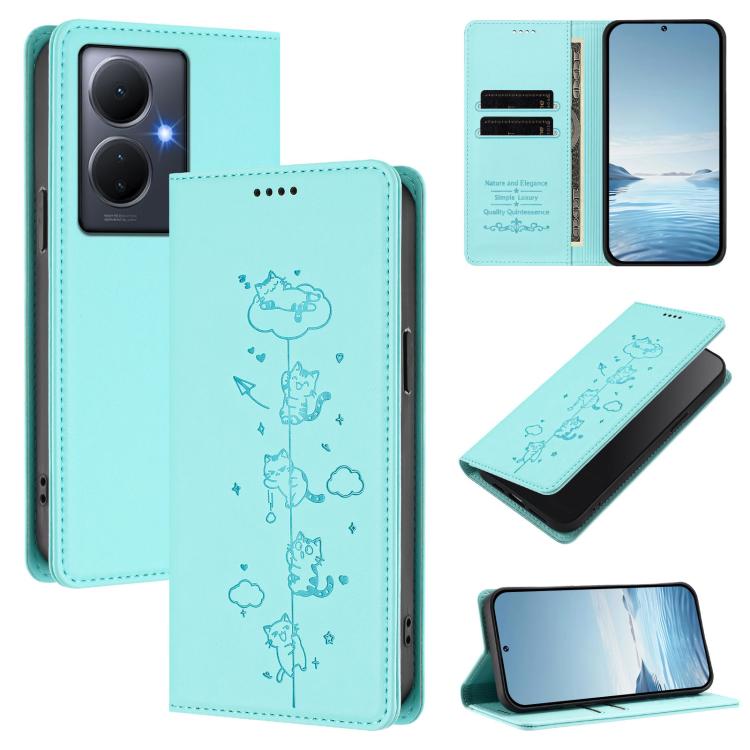 Cute Cats Embossed Magnetic RFID Vegan Leather Phone Case, For vivo Y78+ 5G / Y78 5G, For vivo Y100 5G / Y100A 5G India