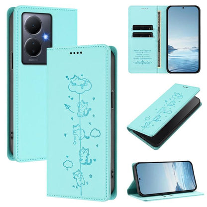 Cute Cats Embossed Magnetic RFID Vegan Leather Phone Case, For vivo Y78+ 5G / Y78 5G, For vivo Y100 5G / Y100A 5G India