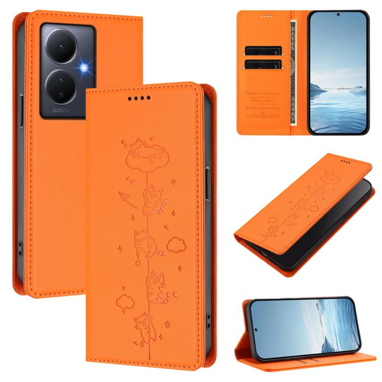 Cute Cats Embossed Magnetic RFID Vegan Leather Phone Case, For vivo Y78+ 5G / Y78 5G, For vivo Y100 5G / Y100A 5G India