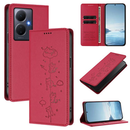 Cute Cats Embossed Magnetic RFID Vegan Leather Phone Case, For vivo Y78+ 5G / Y78 5G, For vivo Y100 5G / Y100A 5G India