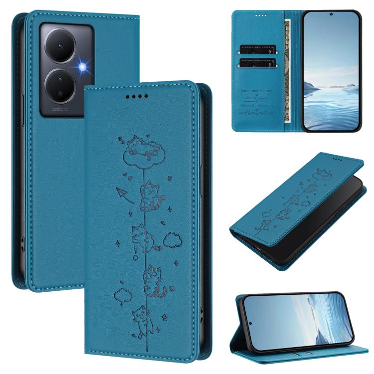 Cute Cats Embossed Magnetic RFID Vegan Leather Phone Case, For vivo Y78+ 5G / Y78 5G, For vivo Y100 5G / Y100A 5G India