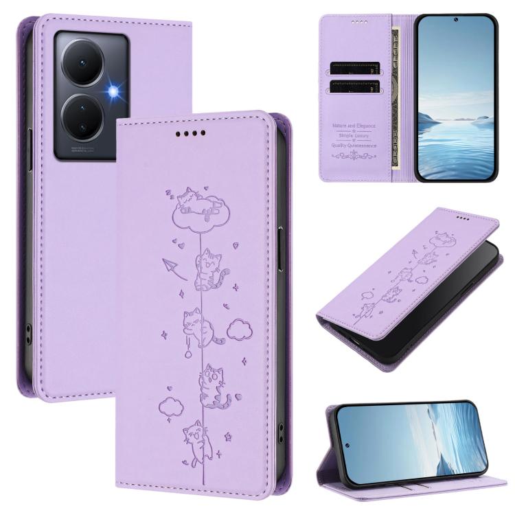 Cute Cats Embossed Magnetic RFID Vegan Leather Phone Case, For vivo Y78+ 5G / Y78 5G, For vivo Y100 5G / Y100A 5G India