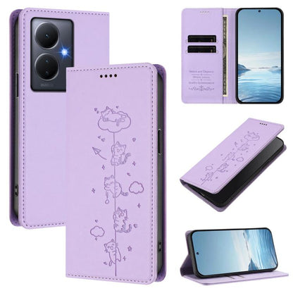 Cute Cats Embossed Magnetic RFID Vegan Leather Phone Case, For vivo Y78+ 5G / Y78 5G, For vivo Y100 5G / Y100A 5G India