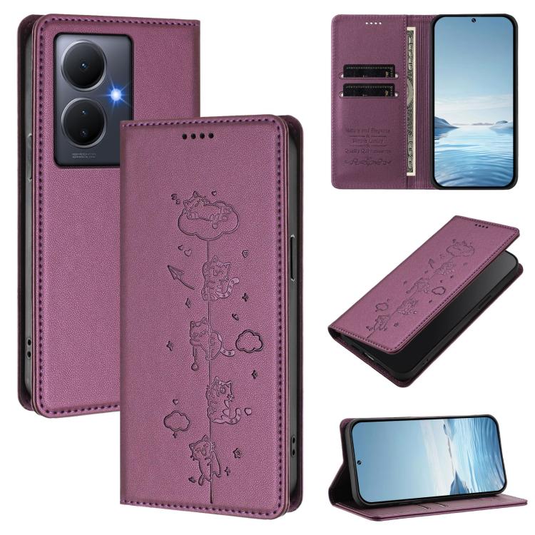 Cute Cats Embossed Magnetic RFID Vegan Leather Phone Case, For vivo Y78+ 5G / Y78 5G, For vivo Y100 5G / Y100A 5G India