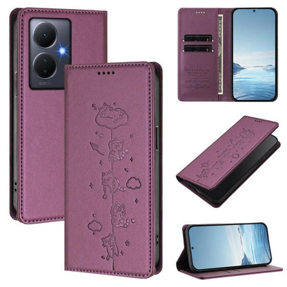 Cute Cats Embossed Magnetic RFID Vegan Leather Phone Case, For vivo Y78+ 5G / Y78 5G, For vivo Y100 5G / Y100A 5G India