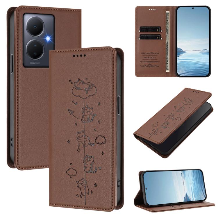 Cute Cats Embossed Magnetic RFID Vegan Leather Phone Case, For vivo Y78+ 5G / Y78 5G, For vivo Y100 5G / Y100A 5G India
