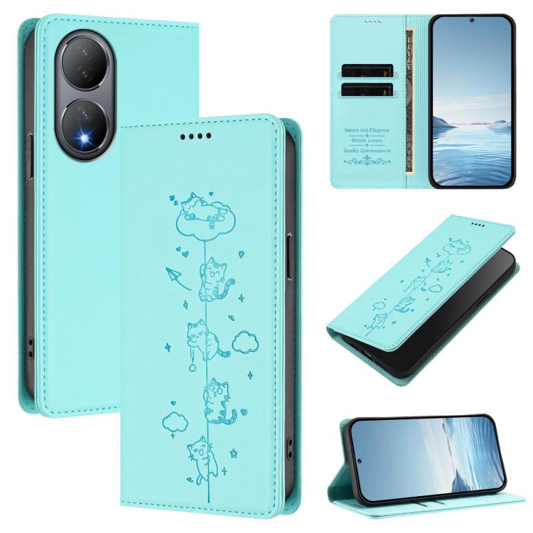 Cute Cats Embossed Magnetic RFID Vegan Leather Phone Case, For vivo Y78+ 5G / Y78 5G, For vivo Y100 5G / Y100A 5G India