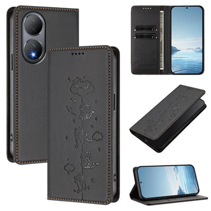 Cute Cats Embossed Magnetic RFID Vegan Leather Phone Case, For vivo Y78+ 5G / Y78 5G, For vivo Y100 5G / Y100A 5G India